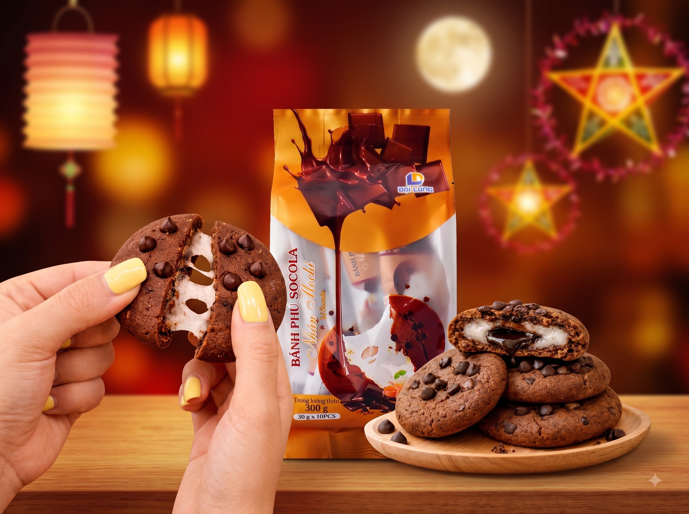 tay bẻ bánh phủ socola đại long thấy rõ 3 lớp chocochip, cookie mềm, nhân mochi