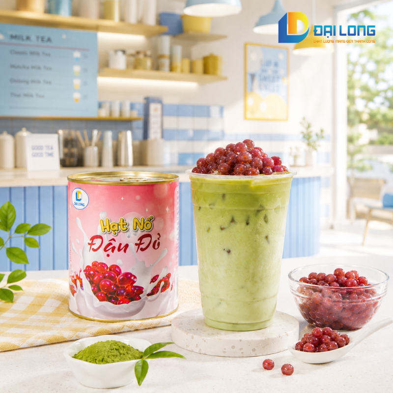 kết hợp hạt nổ đậu đỏ đại long với trà sữa matcha