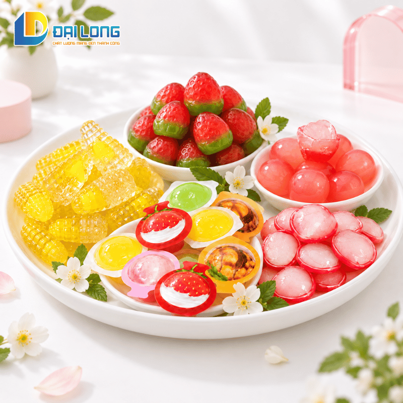 mâm bày kẹo dẻo bóc vỏ đại long