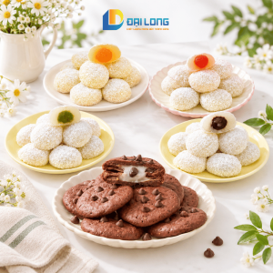bàn bày đĩa bánh mochi bánh phủ socola đại long
