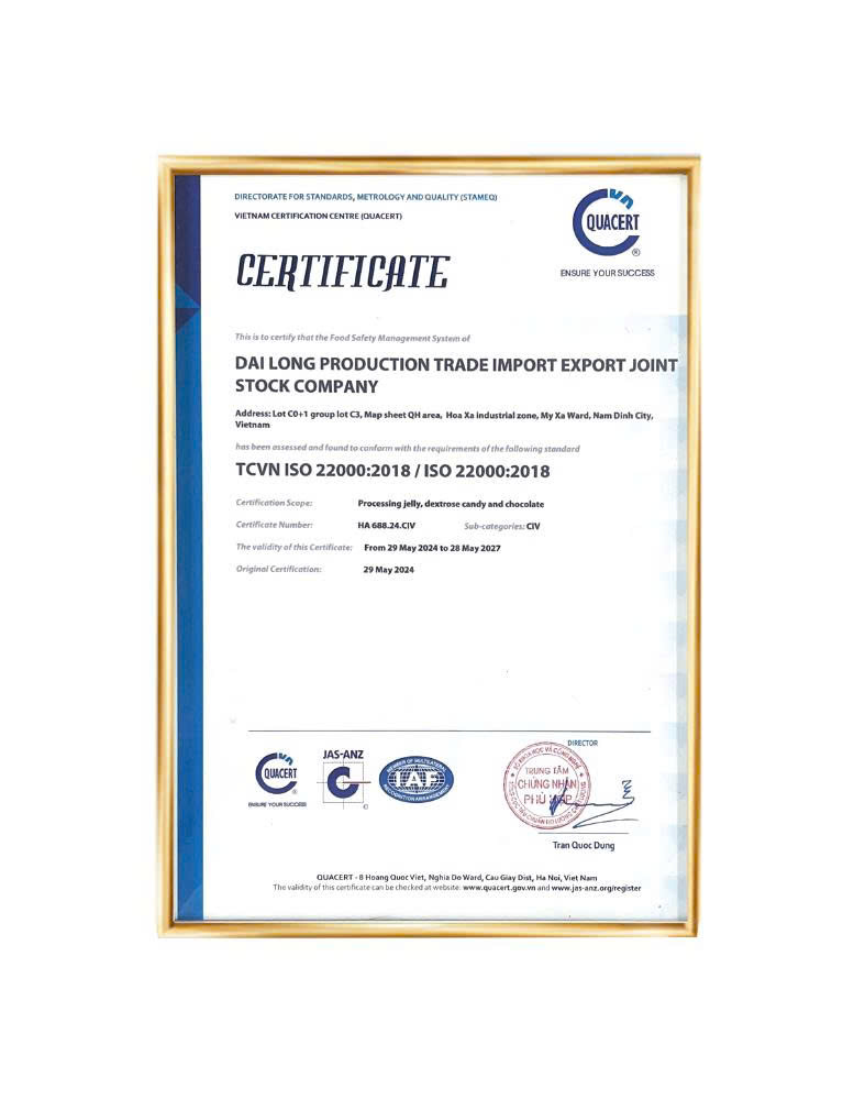 Giấy chứng nhận ISO 22000:2018 của Bánh kẹo Đại Long