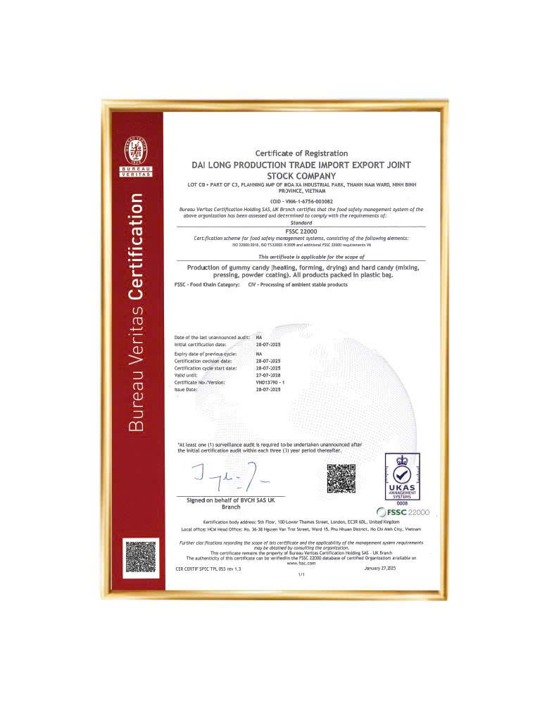 Đại Long đạt tiêu chuẩn an toàn thực phẩm toàn cầu FSSC 22000